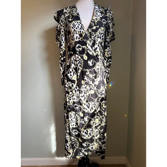 TOP SHOP Black White Gold Chain Print Wrap Maxi Dress Puff Sleeve hearts stars 4 - Picture 2 of 5